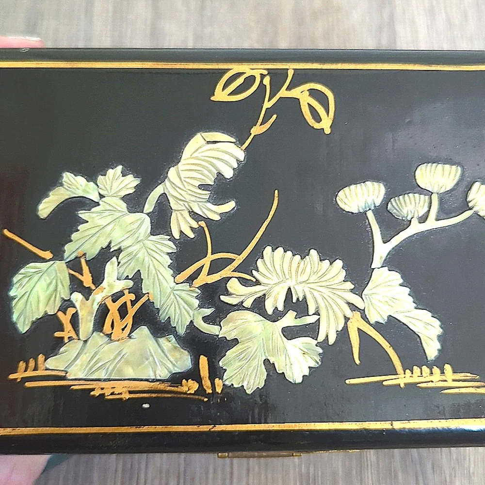 Vintage Chinese Black Lacquer Hand Painted Mother-of-Pearl Inlay Jewelry Box